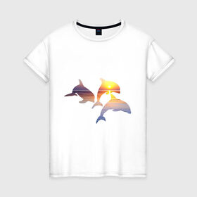 Женская футболка хлопок с принтом Дельфины на закате в Санкт-Петербурге, 100% хлопок | прямой крой, круглый вырез горловины, длина до линии бедер, слегка спущенное плечо | Тематика изображения на принте: дельфин | дельфины | дельфины на закате | закат | красивые дельфины | рыбы