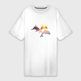 Платье-футболка хлопок с принтом Дельфины на закате в Санкт-Петербурге,  |  | дельфин | дельфины | дельфины на закате | закат | красивые дельфины | рыбы