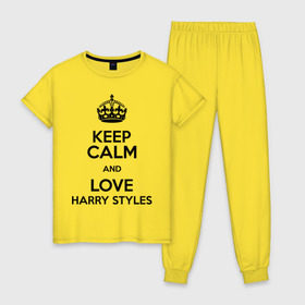 Женская пижама хлопок с принтом Keep calm and love Harry Styles в Санкт-Петербурге, 100% хлопок | брюки и футболка прямого кроя, без карманов, на брюках мягкая резинка на поясе и по низу штанин | 1d | harry styles | keep calm | music | one direction | гарри стайлс