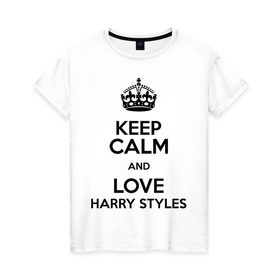 Женская футболка хлопок с принтом Keep calm and love Harry Styles в Санкт-Петербурге, 100% хлопок | прямой крой, круглый вырез горловины, длина до линии бедер, слегка спущенное плечо | 1d | harry styles | keep calm | music | one direction | гарри стайлс
