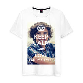 Мужская футболка хлопок с принтом Keep calm and love Harry Styles в Санкт-Петербурге, 100% хлопок | прямой крой, круглый вырез горловины, длина до линии бедер, слегка спущенное плечо. | 1d | harry styles | keep calm | music | one direction | гарри стайлс
