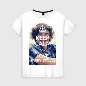 Женская футболка хлопок с принтом Keep calm and love Harry Styles в Санкт-Петербурге, 100% хлопок | прямой крой, круглый вырез горловины, длина до линии бедер, слегка спущенное плечо | 1d | harry styles | keep calm | music | one direction | гарри стайлс
