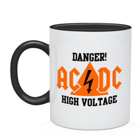 Кружка двухцветная с принтом ADCD high voltage в Санкт-Петербурге, керамика | объем — 330 мл, диаметр — 80 мм. Цветная ручка и кайма сверху, в некоторых цветах — вся внутренняя часть | Тематика изображения на принте: acdc | rock | блюз рок | рок | рок группа | рок н ролл | хард рок | эйсидиси