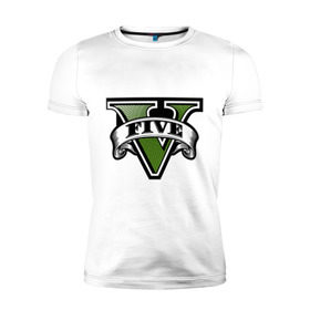 Мужская футболка премиум с принтом GTA five в Санкт-Петербурге, 92% хлопок, 8% лайкра | приталенный силуэт, круглый вырез ворота, длина до линии бедра, короткий рукав | five | grand theft auto | gta | gta 5 | logo | гта | гта пять | лого | логотип