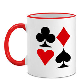 Кружка двухцветная с принтом Масти карт в Санкт-Петербурге, керамика | объем — 330 мл, диаметр — 80 мм. Цветная ручка и кайма сверху, в некоторых цветах — вся внутренняя часть | poker | игра | игры | карточная игра | карты | масти карт | покер