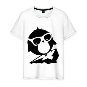 Мужская футболка хлопок с принтом Пингвин на льдине в Санкт-Петербурге, 100% хлопок | прямой крой, круглый вырез горловины, длина до линии бедер, слегка спущенное плечо. | Тематика изображения на принте: 