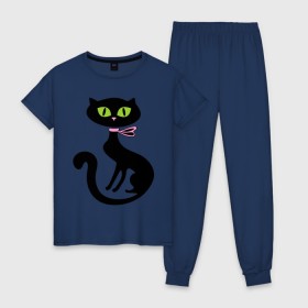 Женская пижама хлопок с принтом Милая кошечка в Санкт-Петербурге, 100% хлопок | брюки и футболка прямого кроя, без карманов, на брюках мягкая резинка на поясе и по низу штанин | зеленые глаза | кошечка | кошка | черная кошка