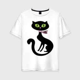 Женская футболка хлопок Oversize с принтом Милая кошечка в Санкт-Петербурге, 100% хлопок | свободный крой, круглый ворот, спущенный рукав, длина до линии бедер
 | зеленые глаза | кошечка | кошка | черная кошка