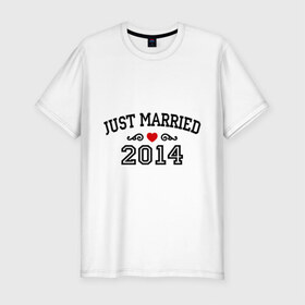 Мужская футболка премиум с принтом Just married 2014 в Санкт-Петербурге, 92% хлопок, 8% лайкра | приталенный силуэт, круглый вырез ворота, длина до линии бедра, короткий рукав | 