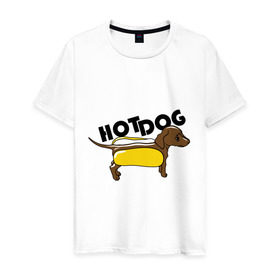 Мужская футболка хлопок с принтом Hot dog в Санкт-Петербурге, 100% хлопок | прямой крой, круглый вырез горловины, длина до линии бедер, слегка спущенное плечо. | hot dog | булка | собака | собачка | хот дог