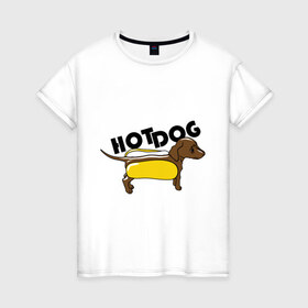 Женская футболка хлопок с принтом Hot dog в Санкт-Петербурге, 100% хлопок | прямой крой, круглый вырез горловины, длина до линии бедер, слегка спущенное плечо | Тематика изображения на принте: hot dog | булка | собака | собачка | хот дог