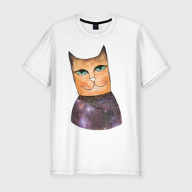 Мужская футболка премиум с принтом кот-космос в Санкт-Петербурге, 92% хлопок, 8% лайкра | приталенный силуэт, круглый вырез ворота, длина до линии бедра, короткий рукав | cat | cute | space | космос | кот | котейка | котик | мило