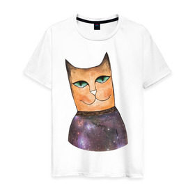 Мужская футболка хлопок с принтом кот-космос в Санкт-Петербурге, 100% хлопок | прямой крой, круглый вырез горловины, длина до линии бедер, слегка спущенное плечо. | cat | cute | space | космос | кот | котейка | котик | мило