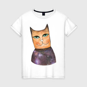 Женская футболка хлопок с принтом кот-космос в Санкт-Петербурге, 100% хлопок | прямой крой, круглый вырез горловины, длина до линии бедер, слегка спущенное плечо | cat | cute | space | космос | кот | котейка | котик | мило