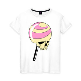 Женская футболка хлопок с принтом Черепок на палочке в Санкт-Петербурге, 100% хлопок | прямой крой, круглый вырез горловины, длина до линии бедер, слегка спущенное плечо | halloween | конфета | леденец | хеллоуин | череп | чупачупс