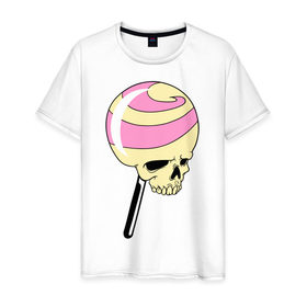 Мужская футболка хлопок с принтом Черепок на палочке в Санкт-Петербурге, 100% хлопок | прямой крой, круглый вырез горловины, длина до линии бедер, слегка спущенное плечо. | halloween | конфета | леденец | хеллоуин | череп | чупачупс