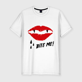 Мужская футболка премиум с принтом Bite me! в Санкт-Петербурге, 92% хлопок, 8% лайкра | приталенный силуэт, круглый вырез ворота, длина до линии бедра, короткий рукав | вампир | укуси меня