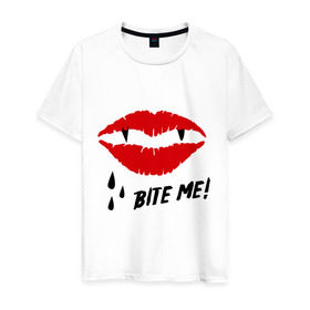 Мужская футболка хлопок с принтом Bite me! в Санкт-Петербурге, 100% хлопок | прямой крой, круглый вырез горловины, длина до линии бедер, слегка спущенное плечо. | вампир | укуси меня