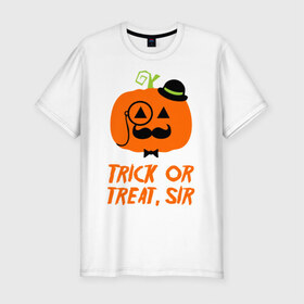 Мужская футболка премиум с принтом Trick or treat в Санкт-Петербурге, 92% хлопок, 8% лайкра | приталенный силуэт, круглый вырез ворота, длина до линии бедра, короткий рукав | halloween | trick or treat | подарок на хэллоуин | сюрприз на хэллоуин | тыква | хэллоуин