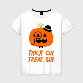 Женская футболка хлопок с принтом Trick or treat в Санкт-Петербурге, 100% хлопок | прямой крой, круглый вырез горловины, длина до линии бедер, слегка спущенное плечо | halloween | trick or treat | подарок на хэллоуин | сюрприз на хэллоуин | тыква | хэллоуин
