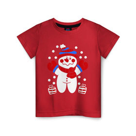 Детская футболка хлопок с принтом Снеговик в снегу в Санкт-Петербурге, 100% хлопок | круглый вырез горловины, полуприлегающий силуэт, длина до линии бедер | Тематика изображения на принте: новый год | снеговик