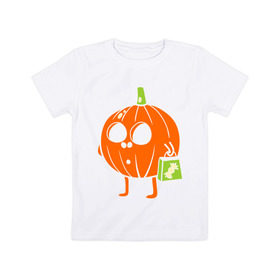 Детская футболка хлопок с принтом Тыква с пакетом в Санкт-Петербурге, 100% хлопок | круглый вырез горловины, полуприлегающий силуэт, длина до линии бедер | halloween | конфета | пакет | тыква | тыква с пакетом | тыковка | хэллоуин