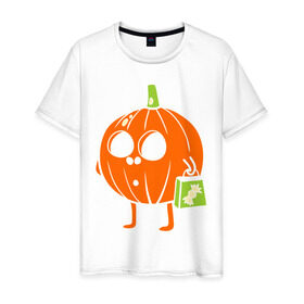 Мужская футболка хлопок с принтом Тыква с пакетом в Санкт-Петербурге, 100% хлопок | прямой крой, круглый вырез горловины, длина до линии бедер, слегка спущенное плечо. | Тематика изображения на принте: halloween | конфета | пакет | тыква | тыква с пакетом | тыковка | хэллоуин