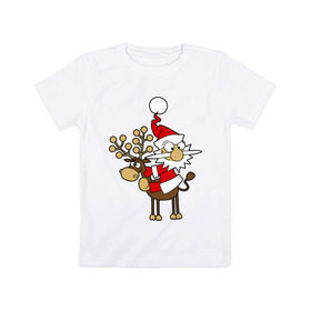 Детская футболка хлопок с принтом Санта на олене. в Санкт-Петербурге, 100% хлопок | круглый вырез горловины, полуприлегающий силуэт, длина до линии бедер | happy | happy new year | new year | santa | santa clows | олень | рудольф | санта | санта клаус
