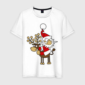 Мужская футболка хлопок с принтом Санта на олене. в Санкт-Петербурге, 100% хлопок | прямой крой, круглый вырез горловины, длина до линии бедер, слегка спущенное плечо. | happy | happy new year | new year | santa | santa clows | олень | рудольф | санта | санта клаус