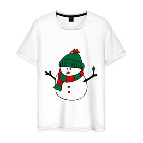 Мужская футболка хлопок с принтом Снеговик в Санкт-Петербурге, 100% хлопок | прямой крой, круглый вырез горловины, длина до линии бедер, слегка спущенное плечо. | зима | новый год | снег | снеговик | шапка | шарф