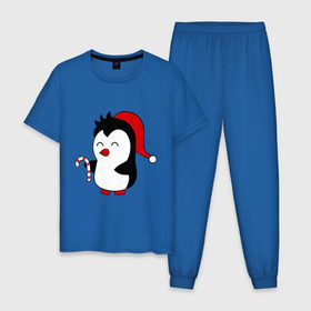 Мужская пижама хлопок с принтом Новогодний пингвин. в Санкт-Петербурге, 100% хлопок | брюки и футболка прямого кроя, без карманов, на брюках мягкая резинка на поясе и по низу штанин
 | Тематика изображения на принте: пингвин