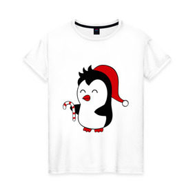Женская футболка хлопок с принтом Новогодний пингвин. в Санкт-Петербурге, 100% хлопок | прямой крой, круглый вырез горловины, длина до линии бедер, слегка спущенное плечо | пингвин
