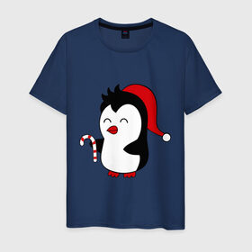 Мужская футболка хлопок с принтом Новогодний пингвин. в Санкт-Петербурге, 100% хлопок | прямой крой, круглый вырез горловины, длина до линии бедер, слегка спущенное плечо. | Тематика изображения на принте: пингвин