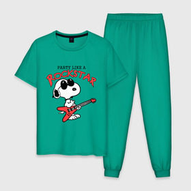 Мужская пижама хлопок с принтом Snoopy Rockstar в Санкт-Петербурге, 100% хлопок | брюки и футболка прямого кроя, без карманов, на брюках мягкая резинка на поясе и по низу штанин
 | Тематика изображения на принте: гитара