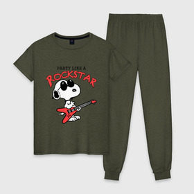 Женская пижама хлопок с принтом Snoopy Rockstar в Санкт-Петербурге, 100% хлопок | брюки и футболка прямого кроя, без карманов, на брюках мягкая резинка на поясе и по низу штанин | гитара