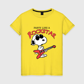 Женская футболка хлопок с принтом Snoopy Rockstar в Санкт-Петербурге, 100% хлопок | прямой крой, круглый вырез горловины, длина до линии бедер, слегка спущенное плечо | Тематика изображения на принте: гитара