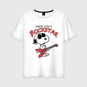 Женская футболка хлопок Oversize с принтом Snoopy Rockstar в Санкт-Петербурге, 100% хлопок | свободный крой, круглый ворот, спущенный рукав, длина до линии бедер
 | гитара