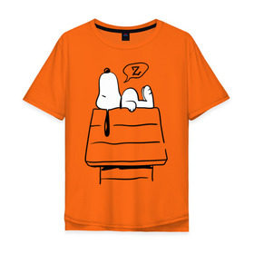 Мужская футболка хлопок Oversize с принтом Спящий Снупи в Санкт-Петербурге, 100% хлопок | свободный крой, круглый ворот, “спинка” длиннее передней части | snoopy | домик | мультфильм | снупи | собака | спящий снупи