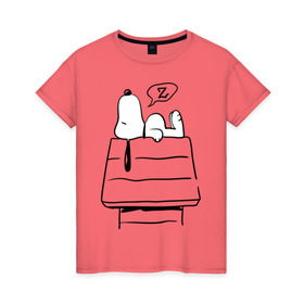Женская футболка хлопок с принтом Спящий Снупи в Санкт-Петербурге, 100% хлопок | прямой крой, круглый вырез горловины, длина до линии бедер, слегка спущенное плечо | snoopy | домик | мультфильм | снупи | собака | спящий снупи