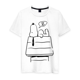 Мужская футболка хлопок с принтом Спящий Снупи в Санкт-Петербурге, 100% хлопок | прямой крой, круглый вырез горловины, длина до линии бедер, слегка спущенное плечо. | Тематика изображения на принте: snoopy | домик | мультфильм | снупи | собака | спящий снупи