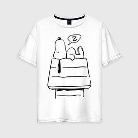 Женская футболка хлопок Oversize с принтом Спящий Снупи в Санкт-Петербурге, 100% хлопок | свободный крой, круглый ворот, спущенный рукав, длина до линии бедер
 | snoopy | домик | мультфильм | снупи | собака | спящий снупи