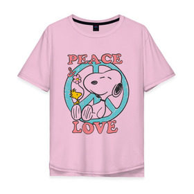 Мужская футболка хлопок Oversize с принтом Мир и любовь в Санкт-Петербурге, 100% хлопок | свободный крой, круглый ворот, “спинка” длиннее передней части | snoopy | мир и любовь | мультфильм | снупи | собака