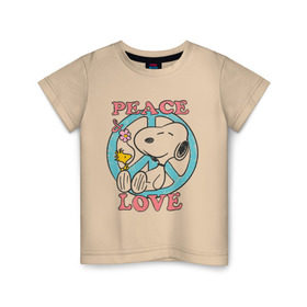 Детская футболка хлопок с принтом Мир и любовь в Санкт-Петербурге, 100% хлопок | круглый вырез горловины, полуприлегающий силуэт, длина до линии бедер | snoopy | мир и любовь | мультфильм | снупи | собака