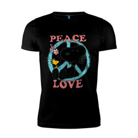 Мужская футболка премиум с принтом Мир и любовь в Санкт-Петербурге, 92% хлопок, 8% лайкра | приталенный силуэт, круглый вырез ворота, длина до линии бедра, короткий рукав | snoopy | мир и любовь | мультфильм | снупи | собака