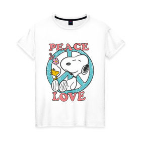 Женская футболка хлопок с принтом Мир и любовь в Санкт-Петербурге, 100% хлопок | прямой крой, круглый вырез горловины, длина до линии бедер, слегка спущенное плечо | snoopy | мир и любовь | мультфильм | снупи | собака