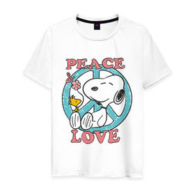 Мужская футболка хлопок с принтом Мир и любовь в Санкт-Петербурге, 100% хлопок | прямой крой, круглый вырез горловины, длина до линии бедер, слегка спущенное плечо. | snoopy | мир и любовь | мультфильм | снупи | собака
