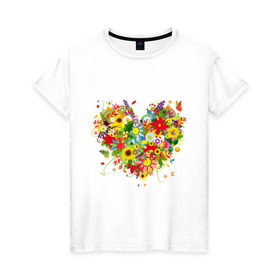 Женская футболка хлопок с принтом Сердце из полевых цветов в Санкт-Петербурге, 100% хлопок | прямой крой, круглый вырез горловины, длина до линии бедер, слегка спущенное плечо | любовь | праздник | сердце из полевых цветов | счастье | цветы