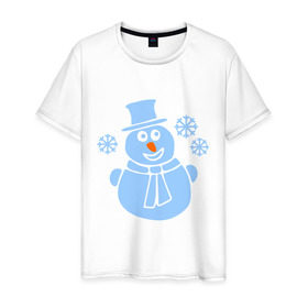 Мужская футболка хлопок с принтом Веселый снеговичек в Санкт-Петербурге, 100% хлопок | прямой крой, круглый вырез горловины, длина до линии бедер, слегка спущенное плечо. | Тематика изображения на принте: веселый снеговичек | зима | новый год | снеговик | снеговичек | снежинка
