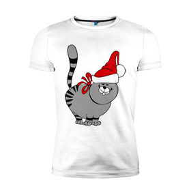 Мужская футболка премиум с принтом Кот в шапке в Санкт-Петербурге, 92% хлопок, 8% лайкра | приталенный силуэт, круглый вырез ворота, длина до линии бедра, короткий рукав | киса | колпак | кот | кот в шапке | кошка | новый год | шапка