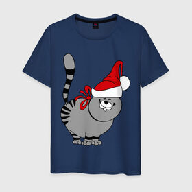 Мужская футболка хлопок с принтом Кот в шапке в Санкт-Петербурге, 100% хлопок | прямой крой, круглый вырез горловины, длина до линии бедер, слегка спущенное плечо. | киса | колпак | кот | кот в шапке | кошка | новый год | шапка